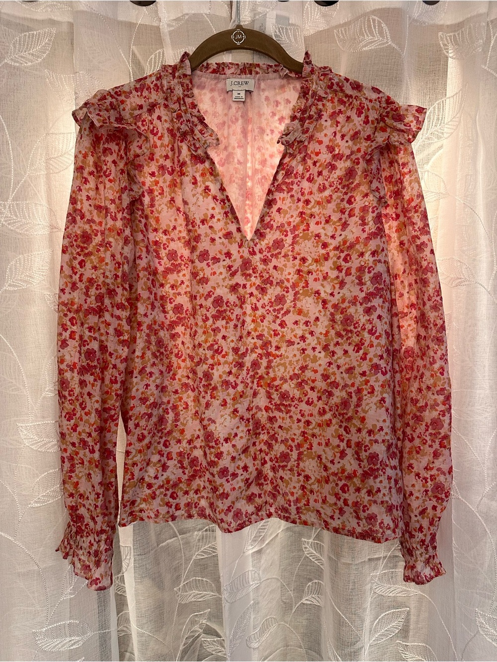 J. Crew Floral Ruffle V-Neck Blouse in Pink and Red - Picture 1 of 6